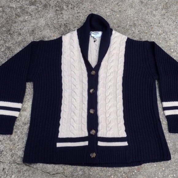 La Ligne XL Merino Wool Cable Knit Cardigan Shawl Collar Navy Cream NWOT - Picture 2 of 10